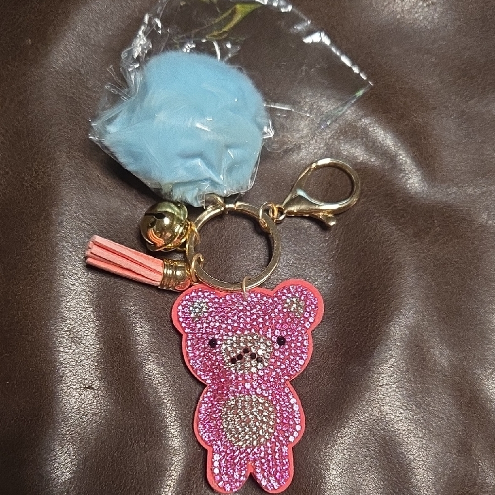 Sparkling Pink Bear Keychain with Blue Pom Pom